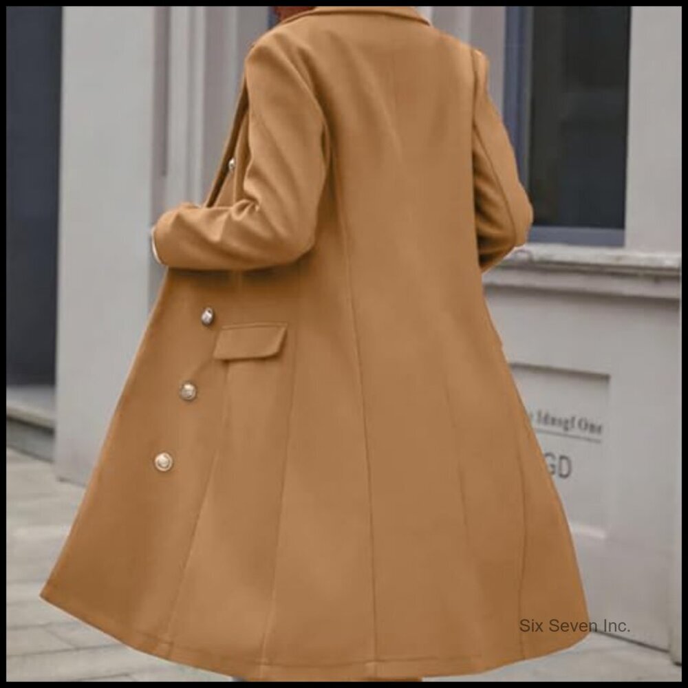 Long Wool Blend Pea Coat with Notch Collar and Knee Length - Picture 5 of 5